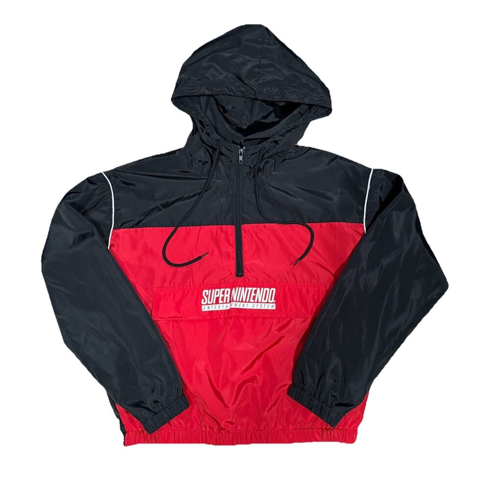 Super Nintendo Jacket Mens Small Red Black Hooded Windbreaker Retro Geek 1/4 Zip